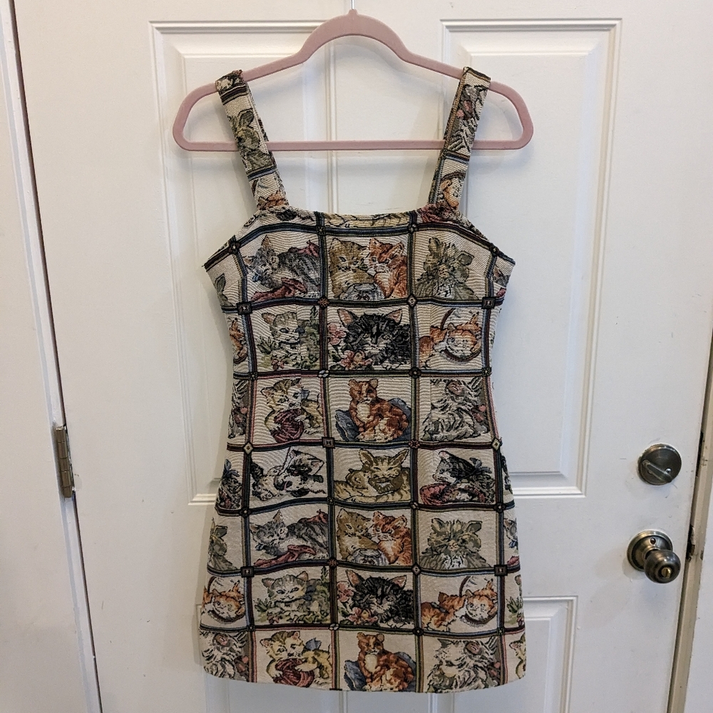 Cider Beige Multi Cat-Print Square-Neck Mini Dress
